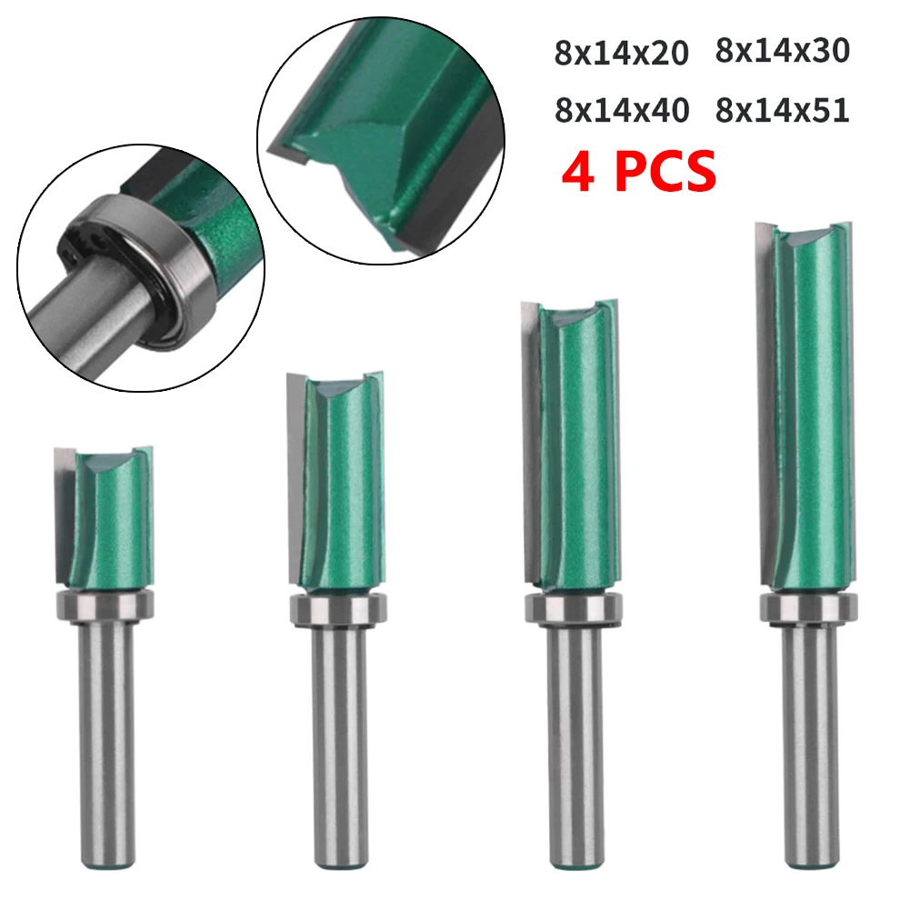 

4pcs Router Bit YG6X Tungsten Carbide 8mm Shank 45 Steel Woodworking Milling Cutter Trimming With Bearing Anti Kickback