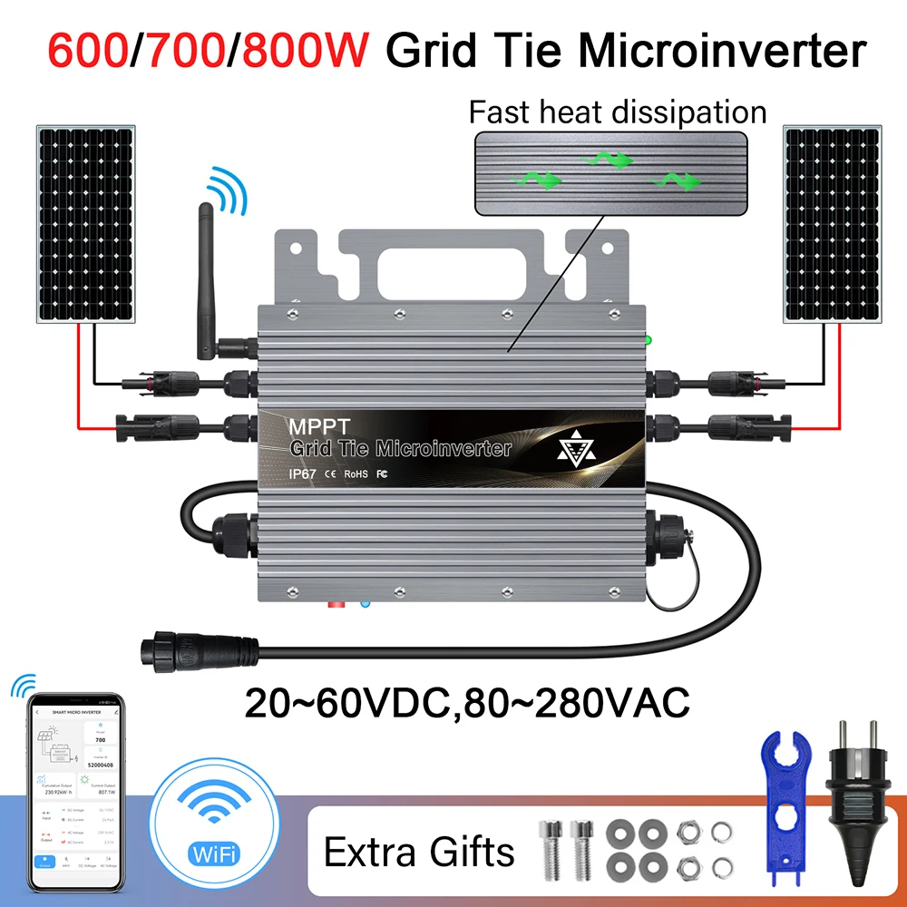 600W 700W 800W On-grid Smart Solar Inverter IP67 MPPT with Built-in WiFi for 20-60VDC Solar Panel and 80-260VAC Grid
600W 700W 800W On-grid Smart Solar Inverter IP67 MPPT with Built-in WiFi for 20-60VDC Solar Panel and 80-260VAC Grid