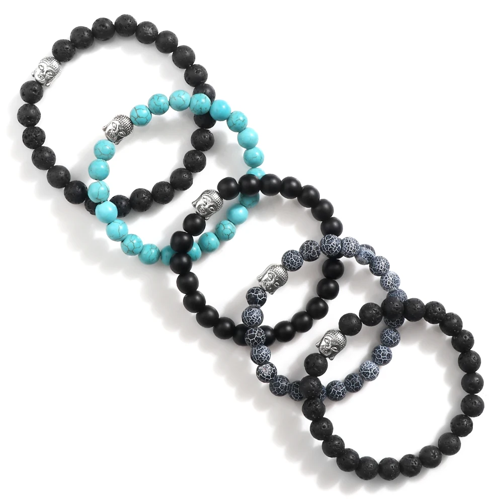 

Classic Sliver Color Plated Buddha Beads Bracelets&Bangles Men Black Natural Volcanic Stone Strand Bracelet Women Prayer Jewelry