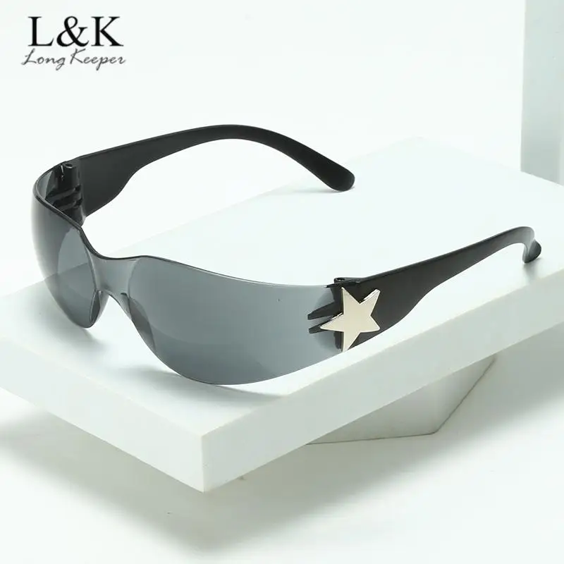 

Longkeeper Brand Designer Women Sunglasses for Men Uv400 Goggles Shades Rimless One Piece Y2K Punk Five Star Sun Glasses Goggle