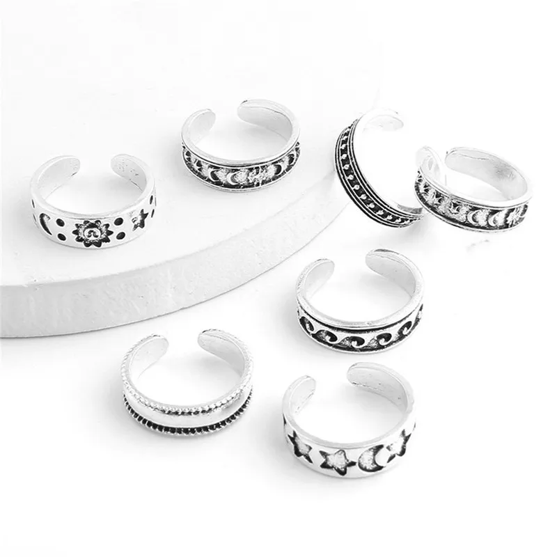 7Pcs Vintage Hollow Carved Star Moon Toe Rings Kits Adjustable Open Finger Ring For Women Boho Beach Foot Ring Jewelry
7Pcs Vintage Hollow Carved Star Moon Toe Rings Kits Adjustable Open Finger Ring For Women Boho Beach Foot Ring Jewelry