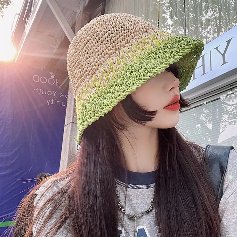 

2023 Summer Women's Bucket Hat Straw Made Crochet Foldable Fashion Panama Hats Female Beach Sun Visor Cap Candy Color