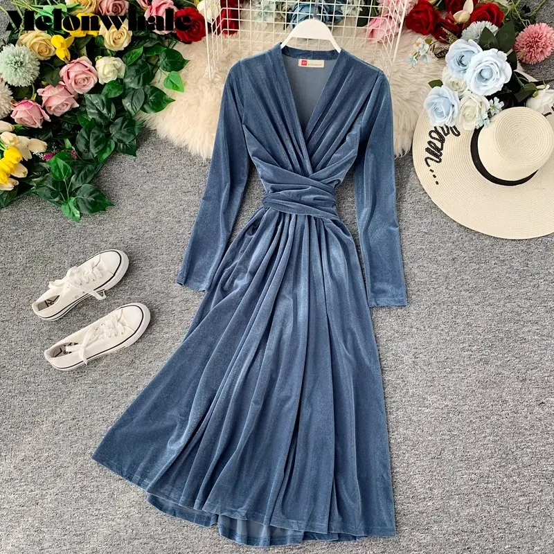 MelonWhale Women Blue Velvet Long Big Size Velvet Dress Elegantchic New V-Neck Long Sleeve Loose Fit Fashion Spring Ummer M343
MelonWhale Women Blue Velvet Long Big Size Velvet Dress Elegantchic New V-Neck Long Sleeve Loose Fit Fashion Spring Ummer M343