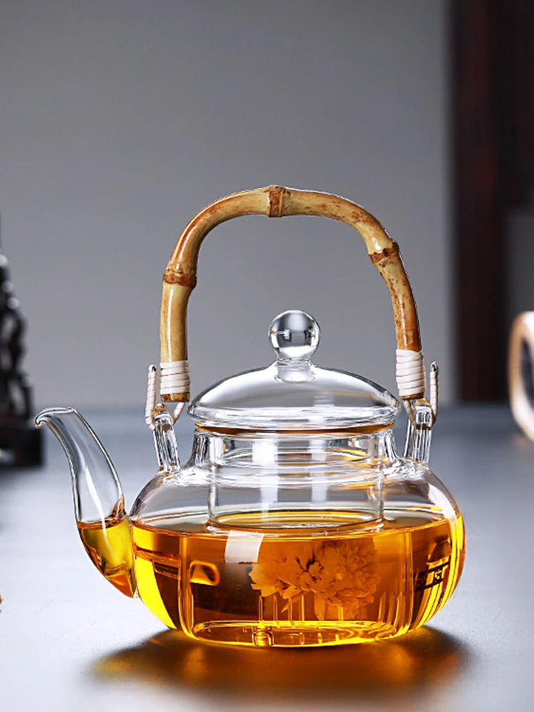 

Tea Kettle Pots Bamboo Cup Set Glass Beam Resistant Brewing Tea Teapot With Erh Heat Puer Pu Glass And Filter Handle Teapot Pot