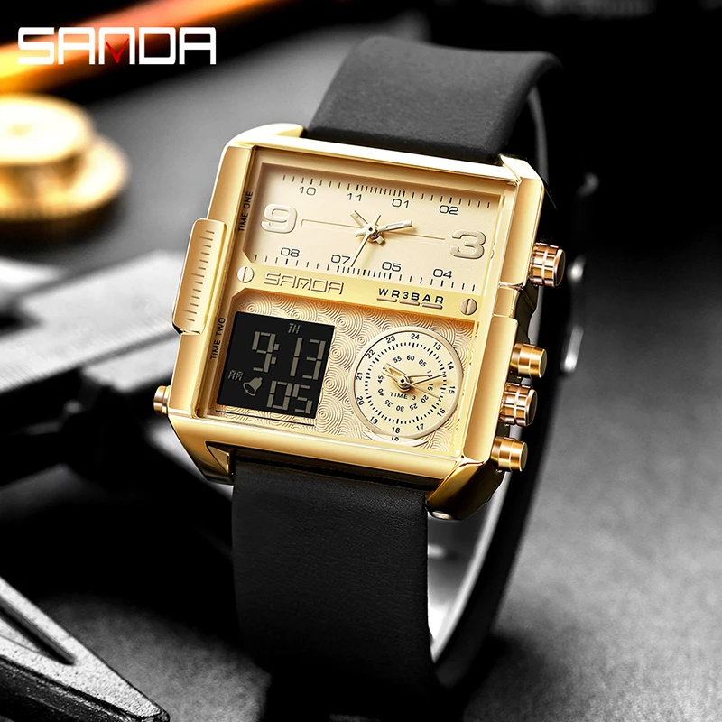 

Luxury Leather Mens Watches Fashion Square Dial Design Outdoor Sports Simple SANDA 6023 Watch Luminous Waterproof Reloj Hombre