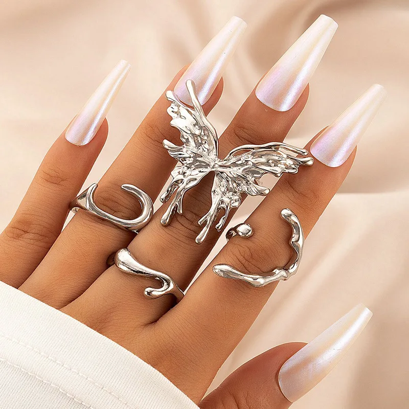 

Exaggerated Butterfly Ring Set For Women 2023 Irregular Metal Geometry Knuckle Finger Ring Fashion Jewelry Accessories Party Gif