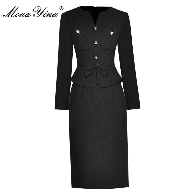 MoaaYina Fashion Designer dress Autumn Winter Women Long sleeve Single-breasted Bow Slim Office Lady Black Pencil Dresses
MoaaYina Fashion Designer dress Autumn Winter Women Long sleeve Single-breasted Bow Slim Office Lady Black Pencil Dresses
