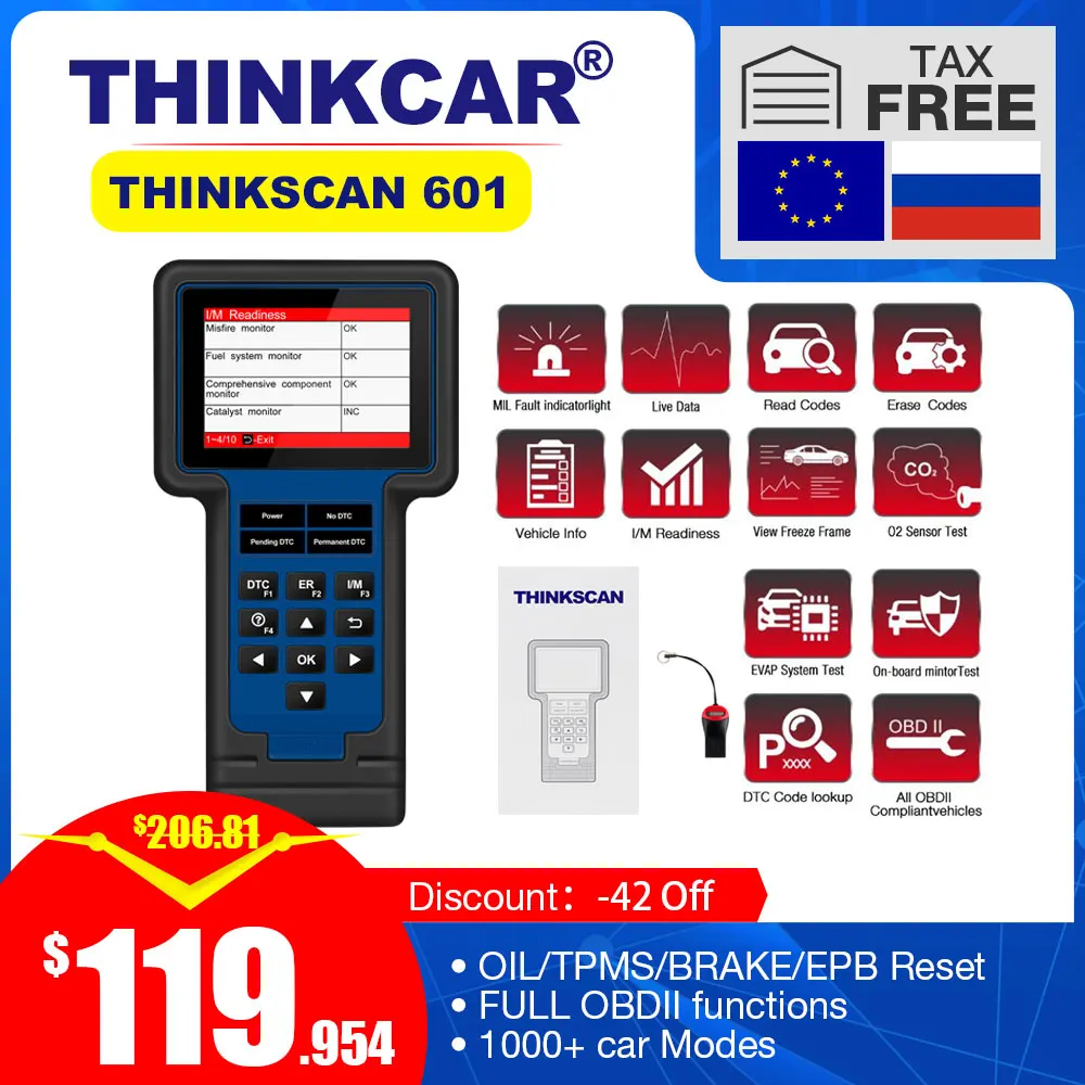New Arrival Original Thinkcar ThinkScan 601 obd2 code reader scanner for Engine ABS Airbag SRS with 4 Reset Function 
New Arrival Original Thinkcar ThinkScan 601 obd2 code reader scanner for Engine ABS Airbag SRS with 4 Reset Function