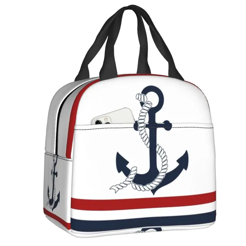 

Nautical Blue Anchors With Stripes Insulated Lunch Bag Women Portable Sailing Sailor Cooler Thermal Lunch Box Office Work School