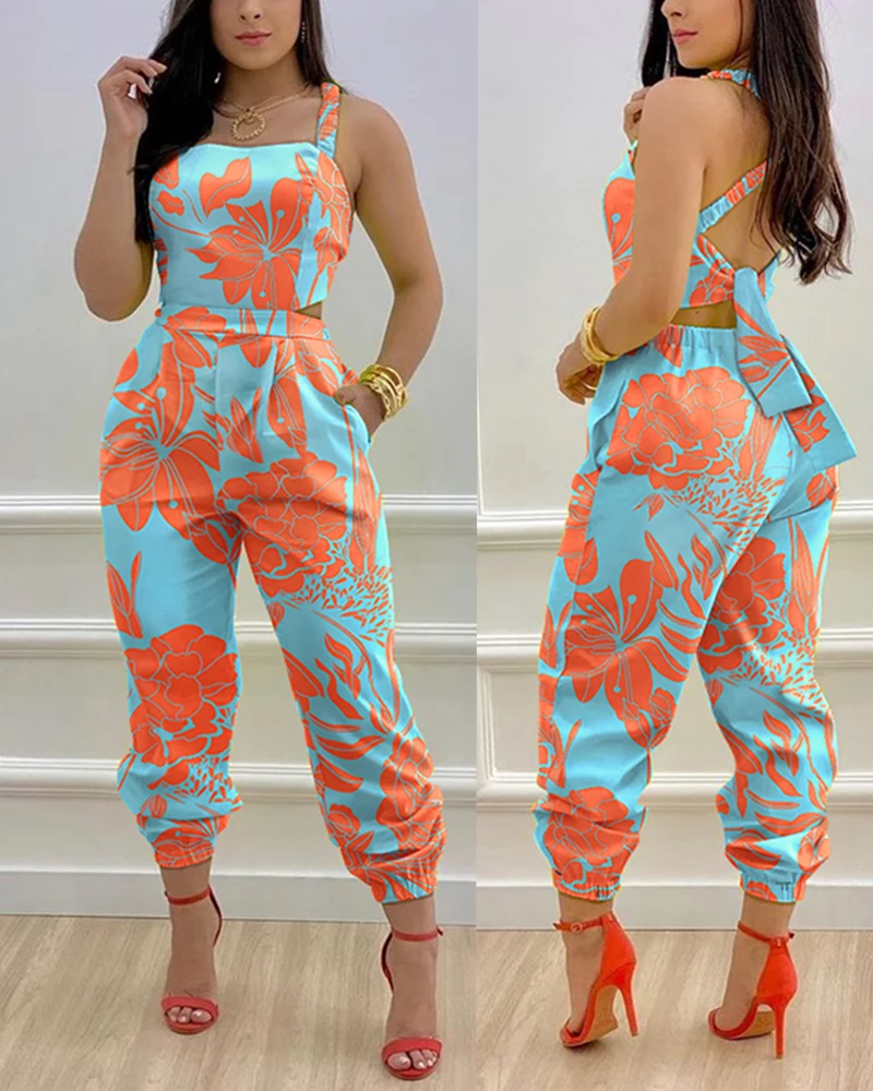 

2022 Women Plants Print Criss Cross Tied Detail Backless Sleeveless Jumpsuit One Piece Romper Long Pants Summer Clothes Female