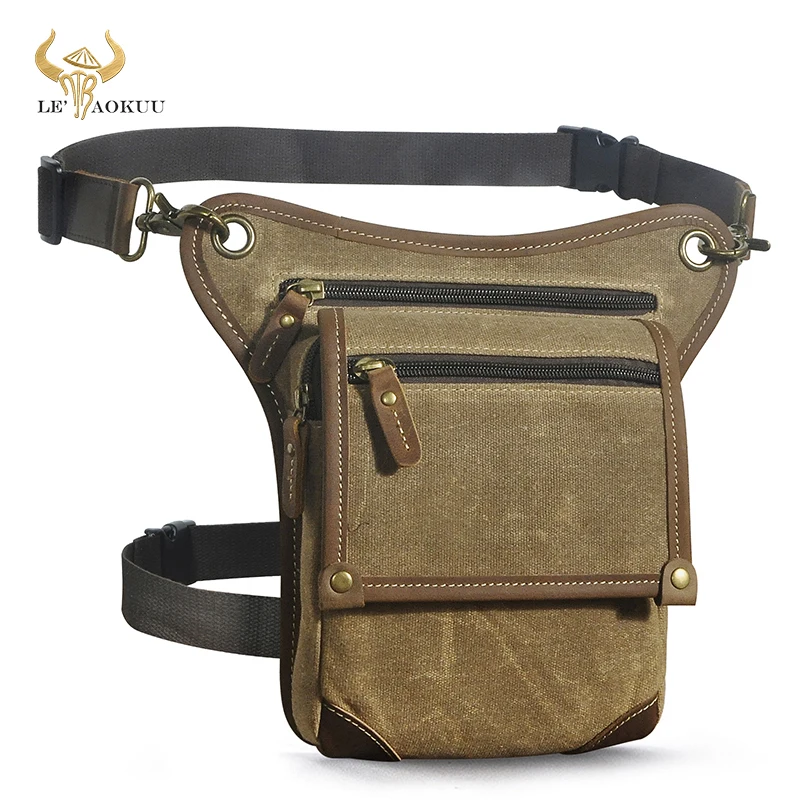

Canvas+Genuine Leather Men Small Travel One Shoulder Sling Bag Design Fanny Waist Belt Pack Phone Pouch Drop Thigh Leg Bag 211-4