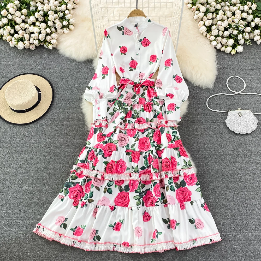 High-end Light Luxury Elegant Temperament Stand Collar Rose Print Lantern Sleeve Waist Slim Dress Large Swing Long Skirt Women
High-end Light Luxury Elegant Temperament Stand Collar Rose Print Lantern Sleeve Waist Slim Dress Large Swing Long Skirt Women