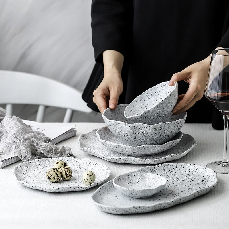 

Nordic Granite Texture Ceramic Plate Dishes Creative Irregular Western Food Dinner Plates Dessert Dish Soup Bowls Home Tableware