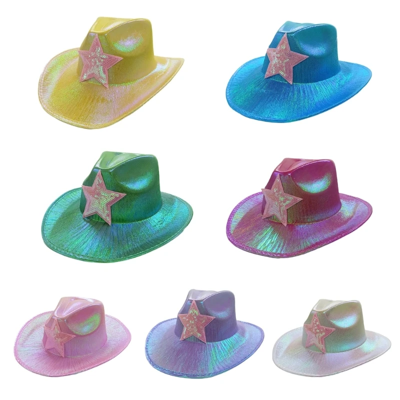

Cowboy Hat Western Wide Brim Hat Lady Sequin Pentagram Cowgirl Hat Shimmering Cosplay Party Costume Fedora Caps Headwear