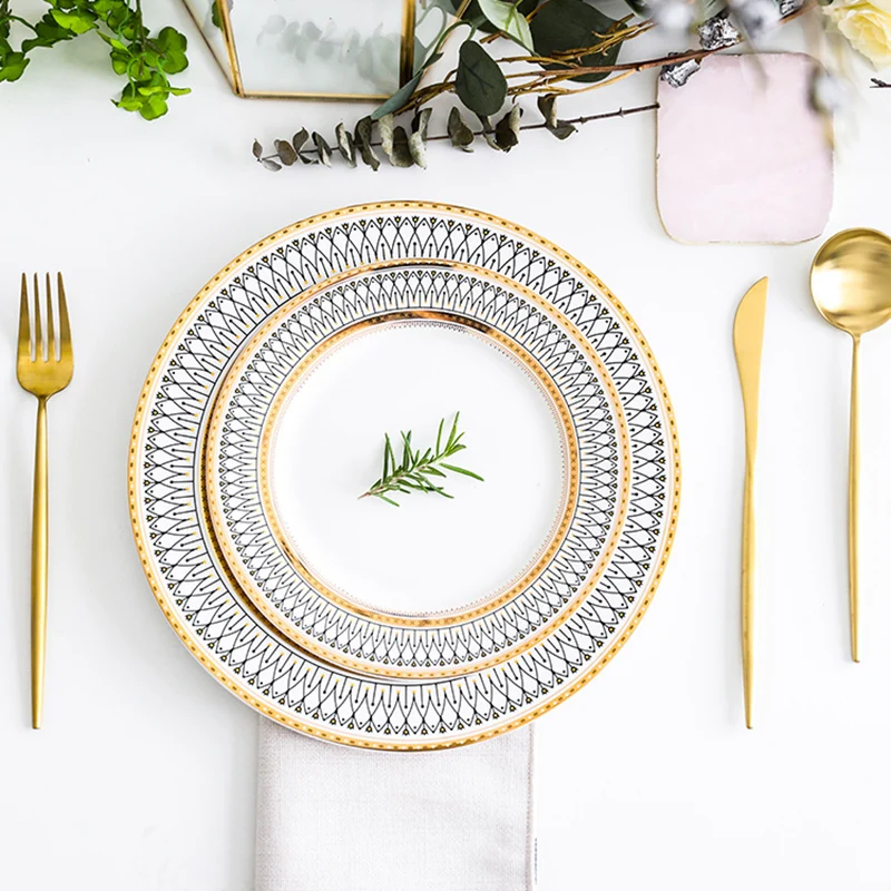 

Gold Wedding Party Plate Sets Ceramic Kitchen Serving Dishes Cutlery Set Dinner Christmas Vajilla Completa De Platos Plates