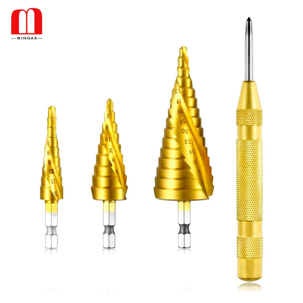 Titanium Step Drill Bit Set with Automatic Center Punch Hex Shank Step Cone Drill Bits for Plastic Wood Aluminum Metal Sheet
Titanium Step Drill Bit Set with Automatic Center Punch Hex Shank Step Cone Drill Bits for Plastic Wood Aluminum Metal Sheet