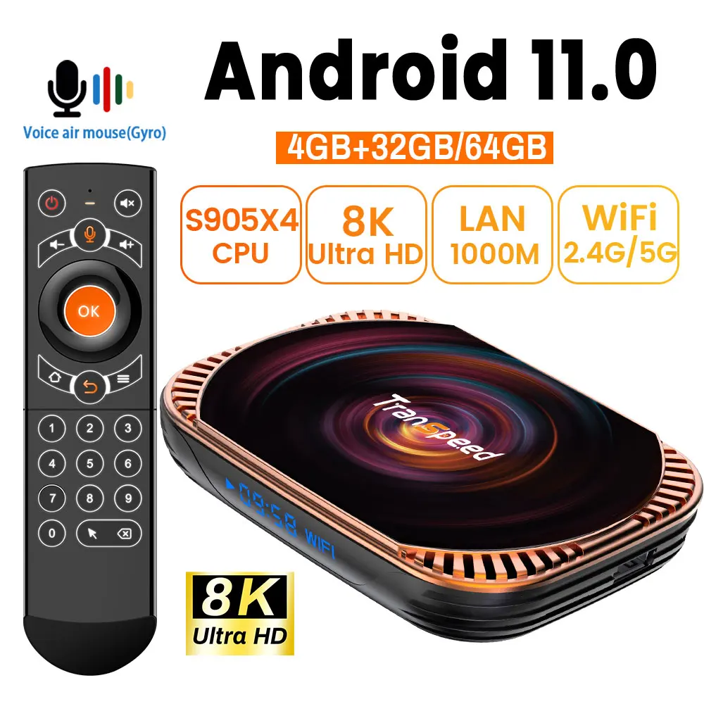 ТВ-приставка Transpeed Android 1000 Amlogic S905X4 HD 8K 3D 2 4 M BT4.0 5 8G и 802 11G AC Wi-Fi | Электроника