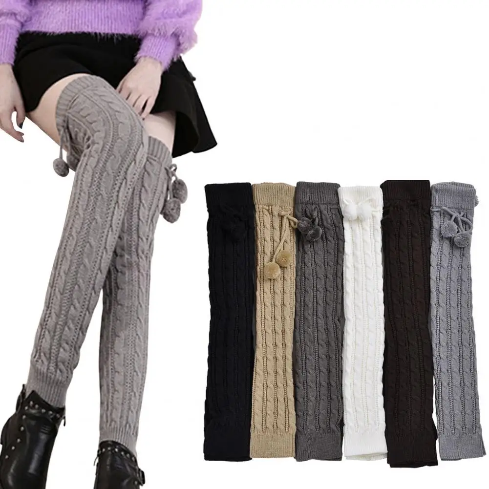 

1 Pair Leg Warmers Knitted Lace-up Pompoms Over Knee Stretchy Soft Keep Warm Autumn Winter Women Boot Stockings for Daily Life