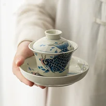 Grass and Wood Gray Arowana Sancai Gaiwan Tea Cup Anti-Scald with Lid Kung Fu Tea Set Single High-End Household Ceramic Tea Bowl