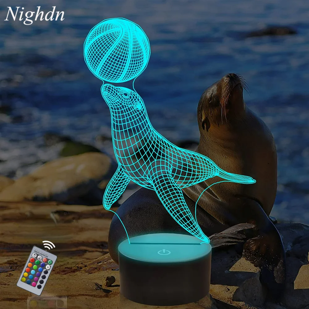 

3D Illusion Lamp Sea Lion Night Light with Remote Control Optical Touch 16 Color Changing Desk Lamps Kids Room Decor Gifts