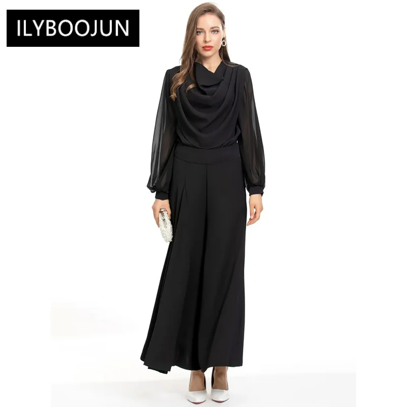 Fashion Designer Autumn Loose Suit Women Pile Collar Lantern Sleeve Tops + Wide Leg Pants Black Casual Two Piece Set
Fashion Designer Autumn Loose Suit Women Pile Collar Lantern Sleeve Tops + Wide Leg Pants Black Casual Two Piece Set