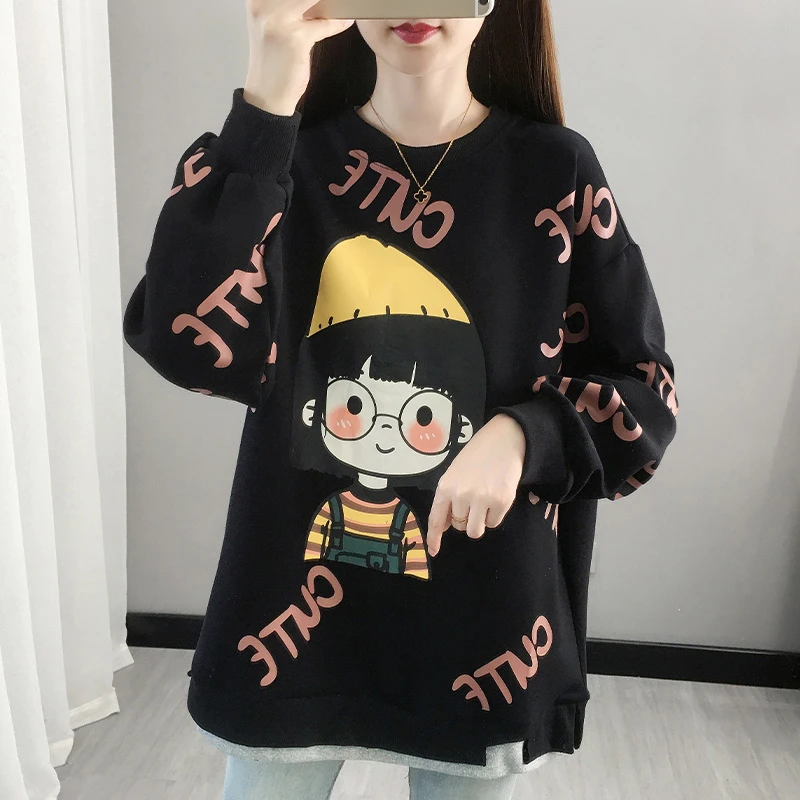 Autumn Winter Fake Two-piece Long Sleeve Hoodies For Women Oversized Cotton Pullover Top Kawaii Cartoon Printed Lady Sweatshirts
Autumn Winter Fake Two-piece Long Sleeve Hoodies For Women Oversized Cotton Pullover Top Kawaii Cartoon Printed Lady Sweatshirts