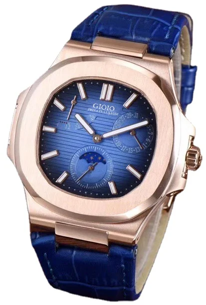 Автоматические механические мужские часы розовое золото кожа фаза Луны Черный Синий 
Автоматические механические мужские часы розовое золото кожа фаза Луны Черный Синий