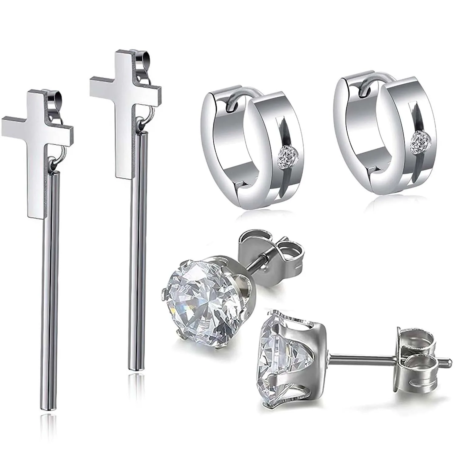 3Pairs CZ Stone Stud Earrings Cross Dangle Huggie Earring Stainless Steel Jewelry for Mens Womens Gauge Hypoallergenic Accessory
3Pairs CZ Stone Stud Earrings Cross Dangle Huggie Earring Stainless Steel Jewelry for Mens Womens Gauge Hypoallergenic Accessory
