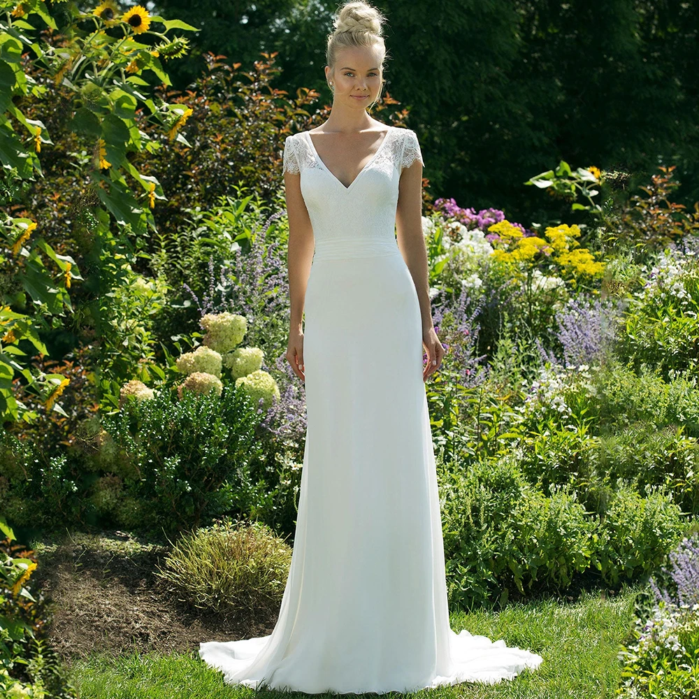 Bohemia Lace Chiffon Wedding Dress Short Sleeve Pleat A-Line Floor Length Bridal V-Neck Sexy Open Back Marriage Button Gowns
Bohemia Lace Chiffon Wedding Dress Short Sleeve Pleat A-Line Floor Length Bridal V-Neck Sexy Open Back Marriage Button Gowns