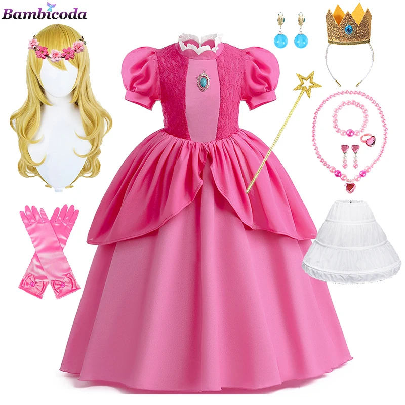 

Halloween Princess Peach Sweet Girls Costume Child Super Luigi Mari Brother Pink Princess Cosplay Kid Fancy Purim Dress 4-10Y