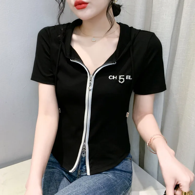 #7390 Summer Black White Green Short T Shirt Women Sexy Office Short T-shirt Female Zipper Slim Hooded T Shirt For Women Cotton
#7390 Summer Black White Green Short T Shirt Women Sexy Office Short T-shirt Female Zipper Slim Hooded T Shirt For Women Cotton