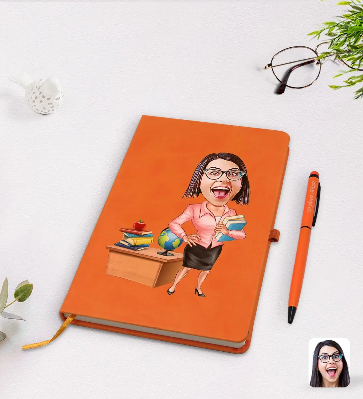 Personalized women teacher cartoon orange thermo leather notebook pen set Model 5
Personalized women teacher cartoon orange thermo leather notebook pen set Model 5