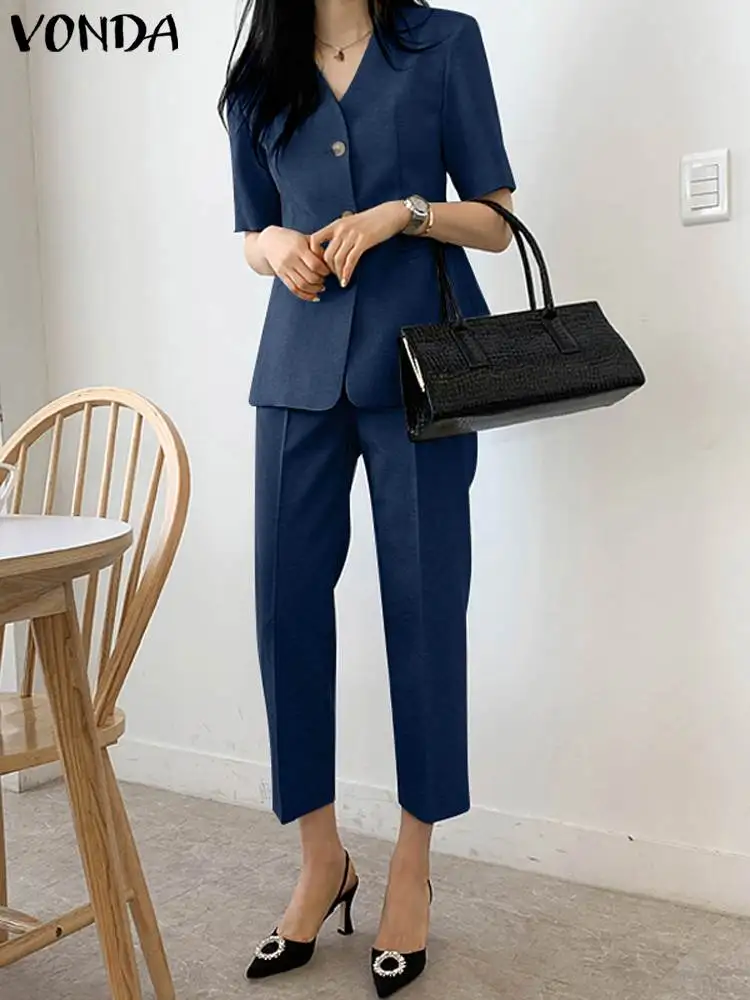 VONDA Elegant Solid Color Pant Sets 2023 Summer Women Short Sleeve V-Neck Top and Wide Leg Pants Casual Suits Streetwear OL 2pcs 
VONDA Elegant Solid Color Pant Sets 2023 Summer Women Short Sleeve V-Neck Top and Wide Leg Pants Casual Suits Streetwear OL 2pcs