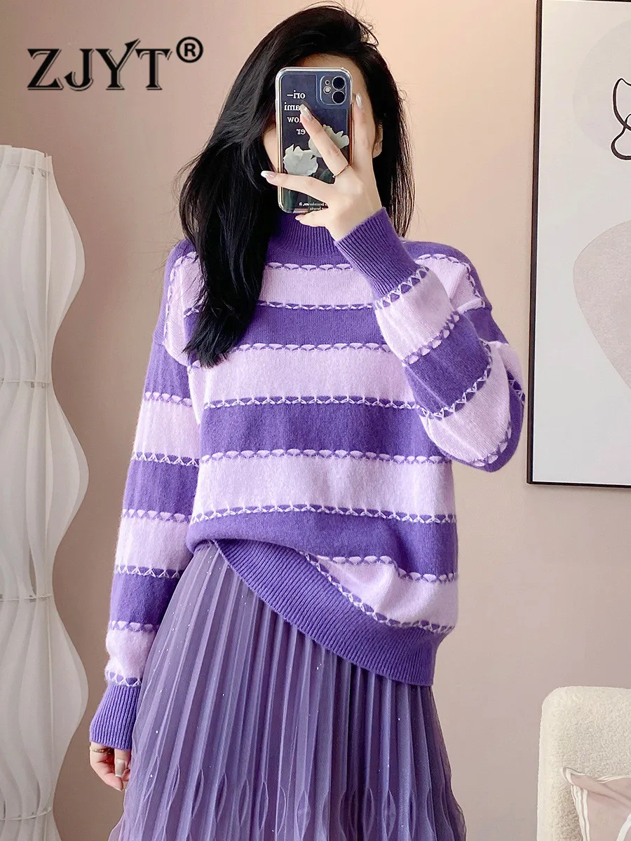 ZJYT Autumn Winter Luxury 95% Wool Striped Loose Sweaters Women Elegant Long Sleeve Casual Pullovers Warm Knitted Tops Basic
ZJYT Autumn Winter Luxury 95% Wool Striped Loose Sweaters Women Elegant Long Sleeve Casual Pullovers Warm Knitted Tops Basic