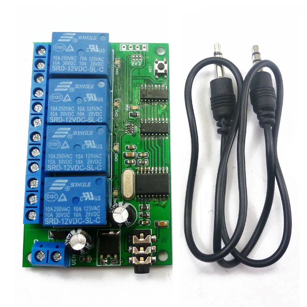 

AD22B04 DC 12V 4 Channel Relay MT8870 DTMF Tone Signal Decoder Remote Control Relay Module for PLC Smart Home with 3.5mm Cable
