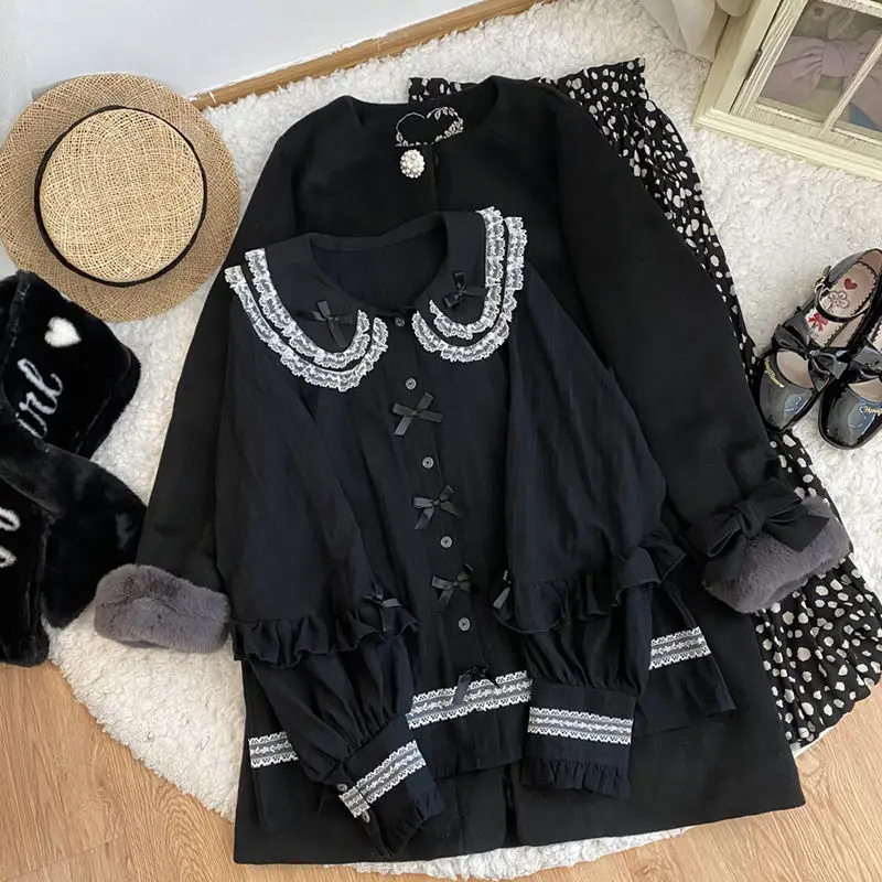 QWEEK Kawaii Lolita блузка хлопковые кружевные рубашки для женщин рукав-фонарик кардиган