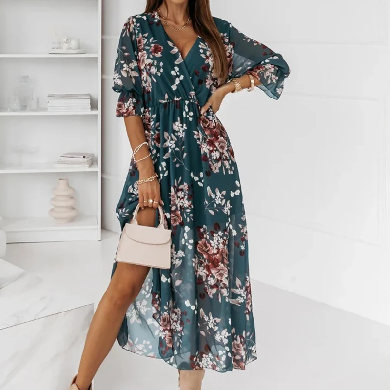 Женское Шифоновое Платье макси с оборками, элегантное привлекательное длинное платье с V-образным вырезом, поясом, винтажным принтом и Боковым Разрезом 
Женское Шифоновое Платье макси с оборками, элегантное привлекательное длинное платье с V-образным вырезом, поясом, винтажным принтом и Боковым Разрезом