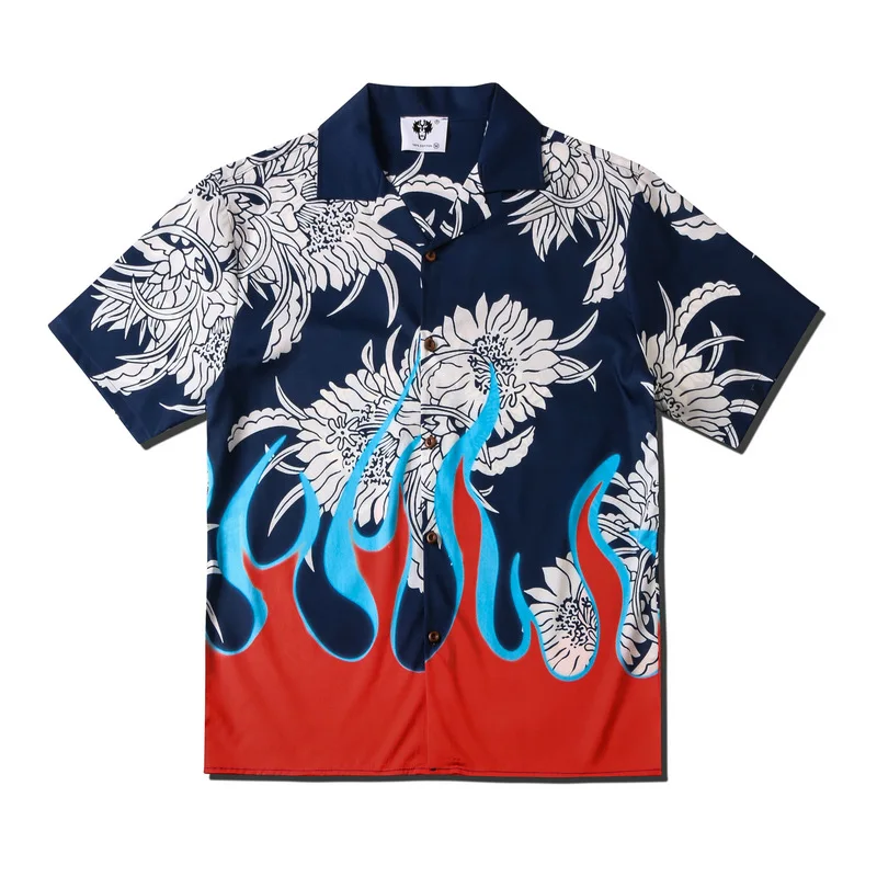 

Summer New Men Flame Chrysanthemum Print Shirt Lovers Fashion Short Sleeve Cool Thin Male Hawaiian Beach Harajuku Lapel Shirts