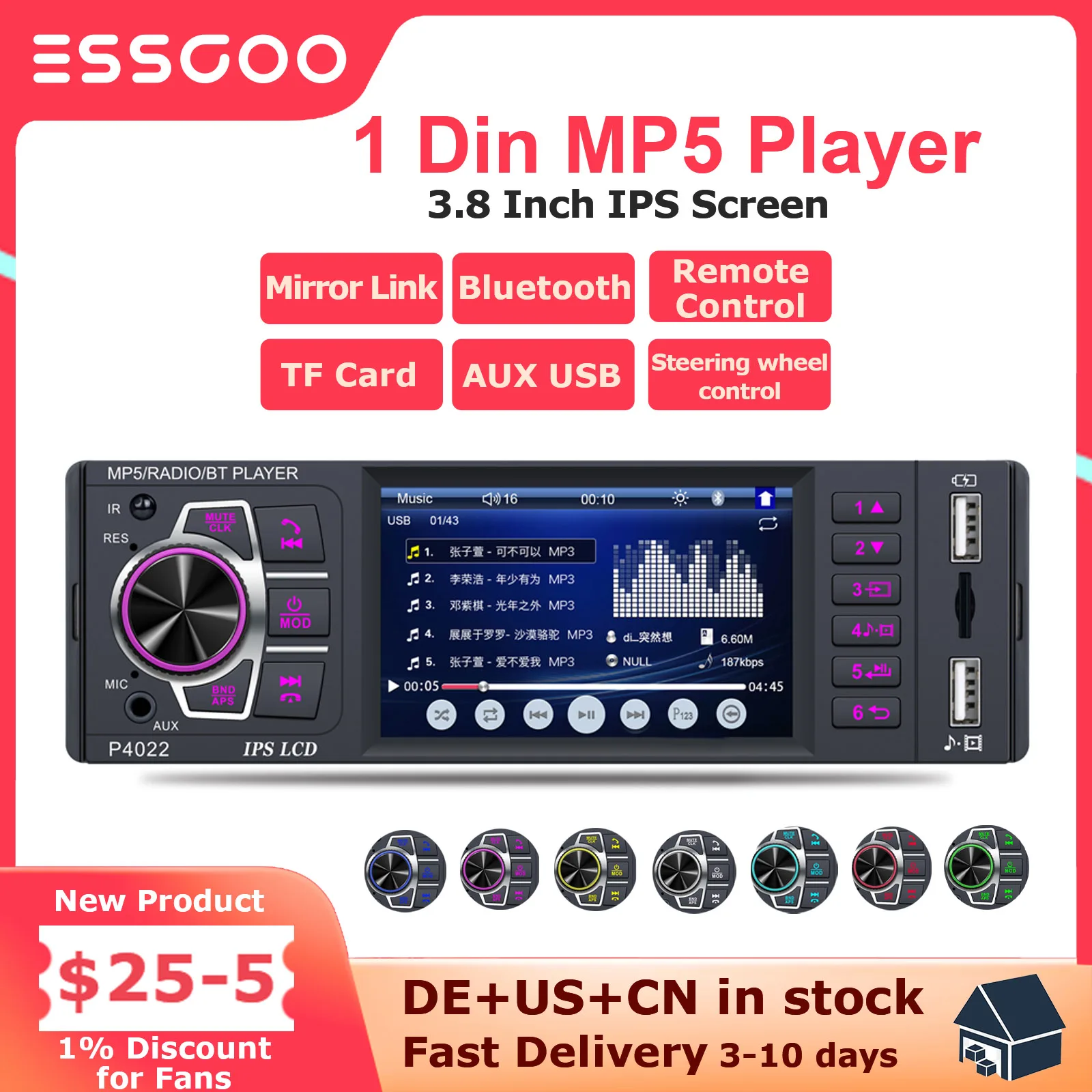 ESSGOO 1 Din MP5 Player Car Radio Audio 3.8 Inch IPS Screen Autoradio Stereo Support Bluetooth Mirrorlink Automotive Multimedia
ESSGOO 1 Din MP5 Player Car Radio Audio 3.8 Inch IPS Screen Autoradio Stereo Support Bluetooth Mirrorlink Automotive Multimedia