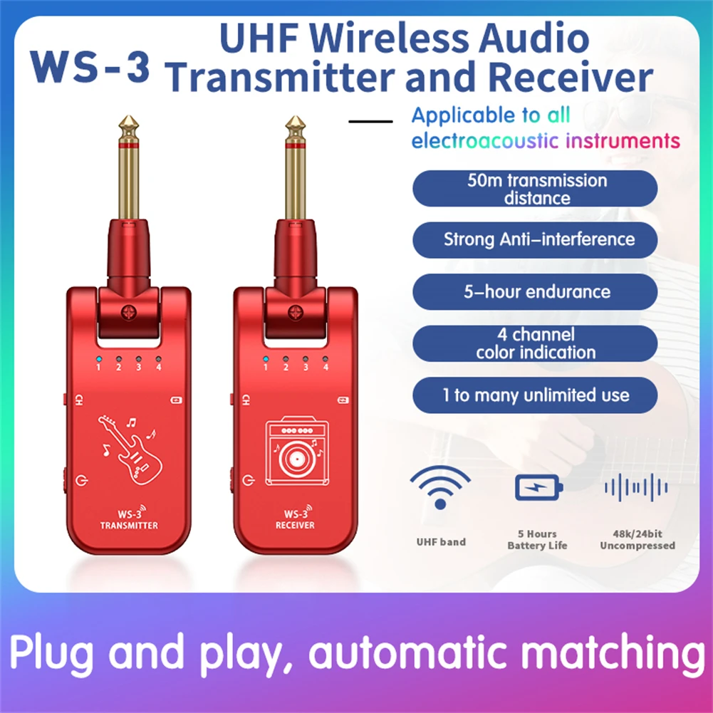 UHF Wireless Guitar Audio System Rechargeable 4 Channels Transmitter Receiver Anti-interference Ultra-short Delay 282° Rotatable
UHF Wireless Guitar Audio System Rechargeable 4 Channels Transmitter Receiver Anti-interference Ultra-short Delay 282° Rotatable