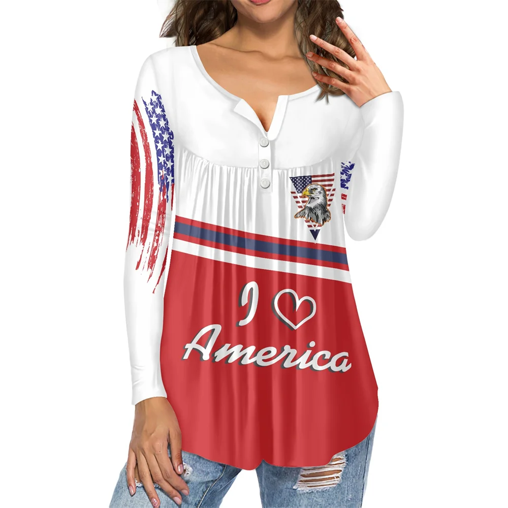 Summer New Button Breast Long Sleeve I Love America Letters USA Flag Clothes Custom White and Red Print Women Casual T-Shirt 
Summer New Button Breast Long Sleeve I Love America Letters USA Flag Clothes Custom White and Red Print Women Casual T-Shirt