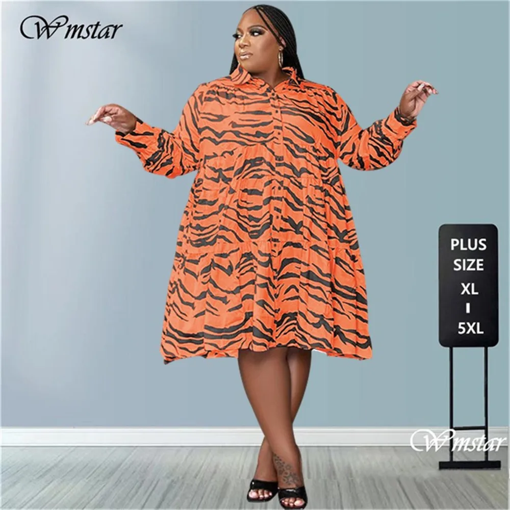 

Wmstar Plus Size Women Dresses for Summer Loose Leopard Pint Casual New Style Midi Shirts Dress Big Hem Wholesale Dropshipping