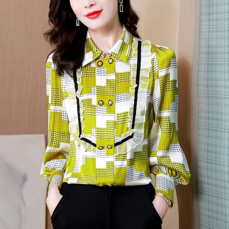 #1771 Yellow Plaid Shirt Woman Double Breasted Elegant Satin Women Shirts Turn-down Collar Ruffles Retro Puff Sleeve Silk Shirt
#1771 Yellow Plaid Shirt Woman Double Breasted Elegant Satin Women Shirts Turn-down Collar Ruffles Retro Puff Sleeve Silk Shirt