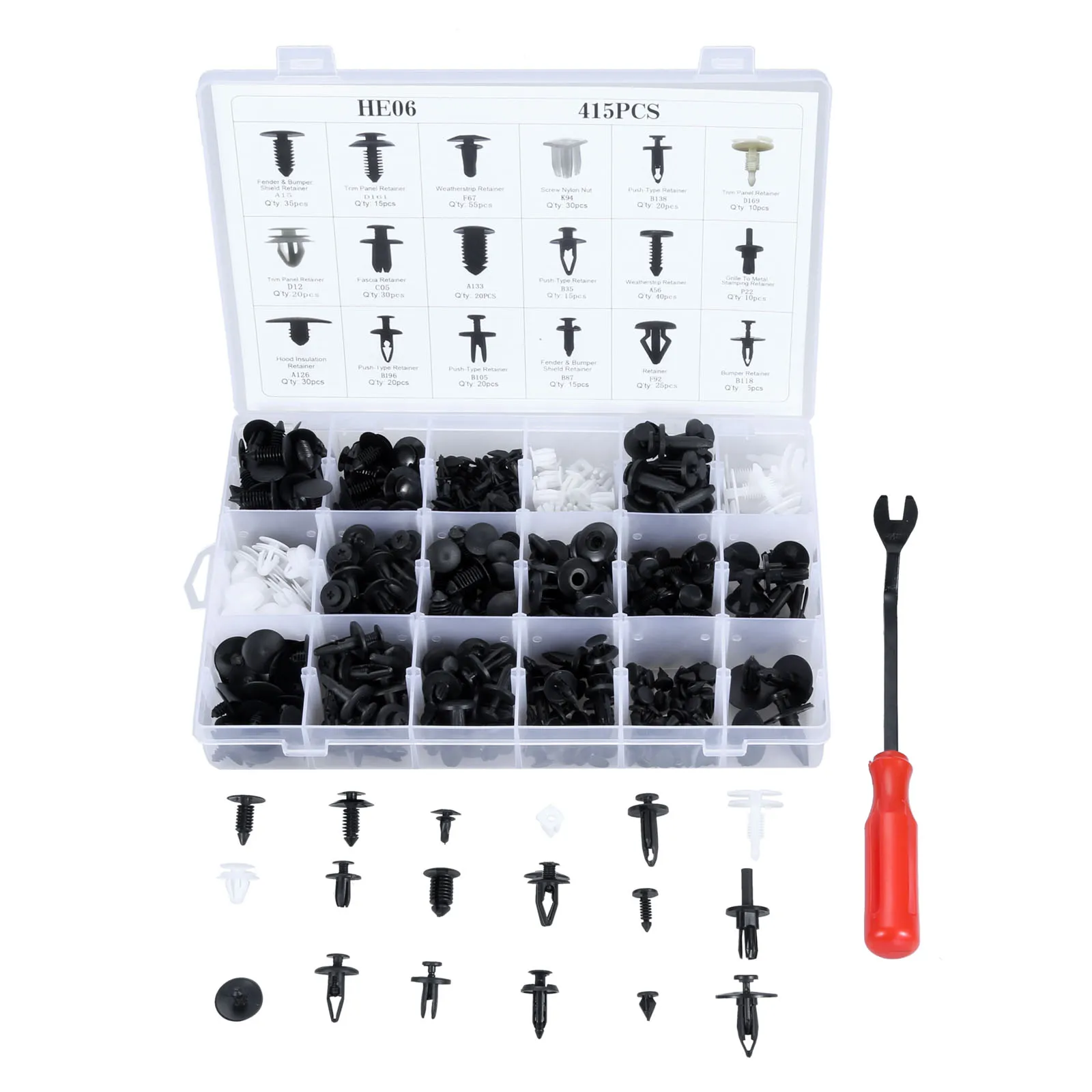 415Pcs Auto Trim Panel Clips Push Type Rivet Pins Clips (18 Assortment Sizes) with 1Pc Fastener Remover for Ford GM Toyota Honda
415Pcs Auto Trim Panel Clips Push Type Rivet Pins Clips (18 Assortment Sizes) with 1Pc Fastener Remover for Ford GM Toyota Honda