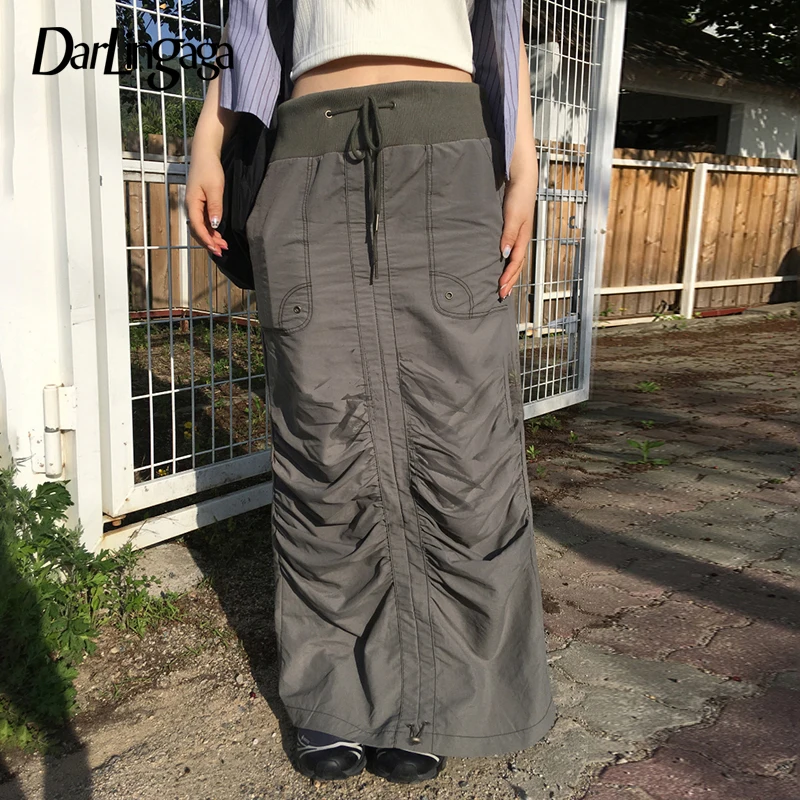 

Darlingaga Streetwear Techwear Drawstring Long Skirt for Women Cargo Style Folds Stitched Shirring Maxi Skirts Gorpcore Clothing