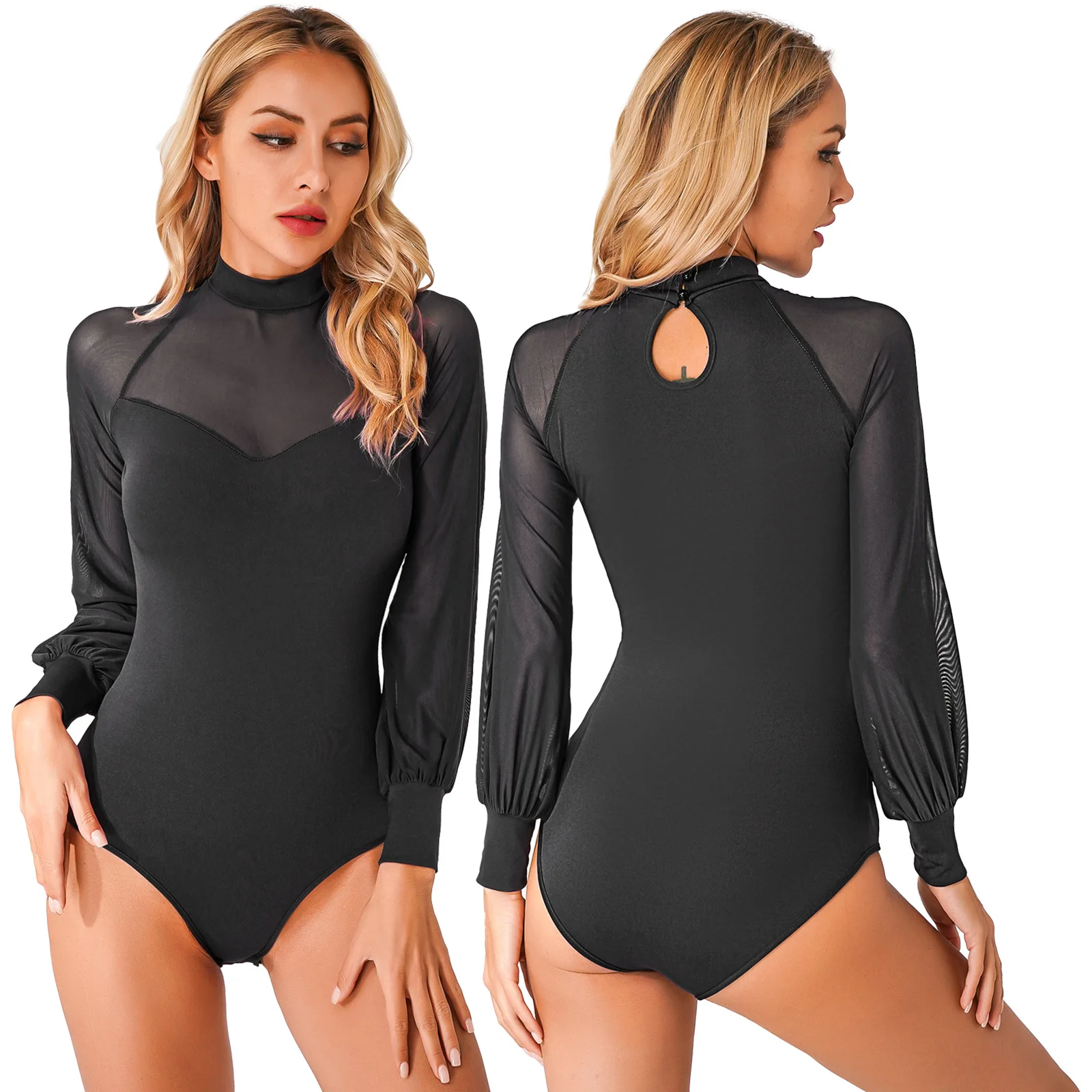 

Womens Long Sleeve Mock Neck Leotard Bodysuit Ballroom Latin Modern Dance Costume Sheer Mesh Patchwork Dancewear