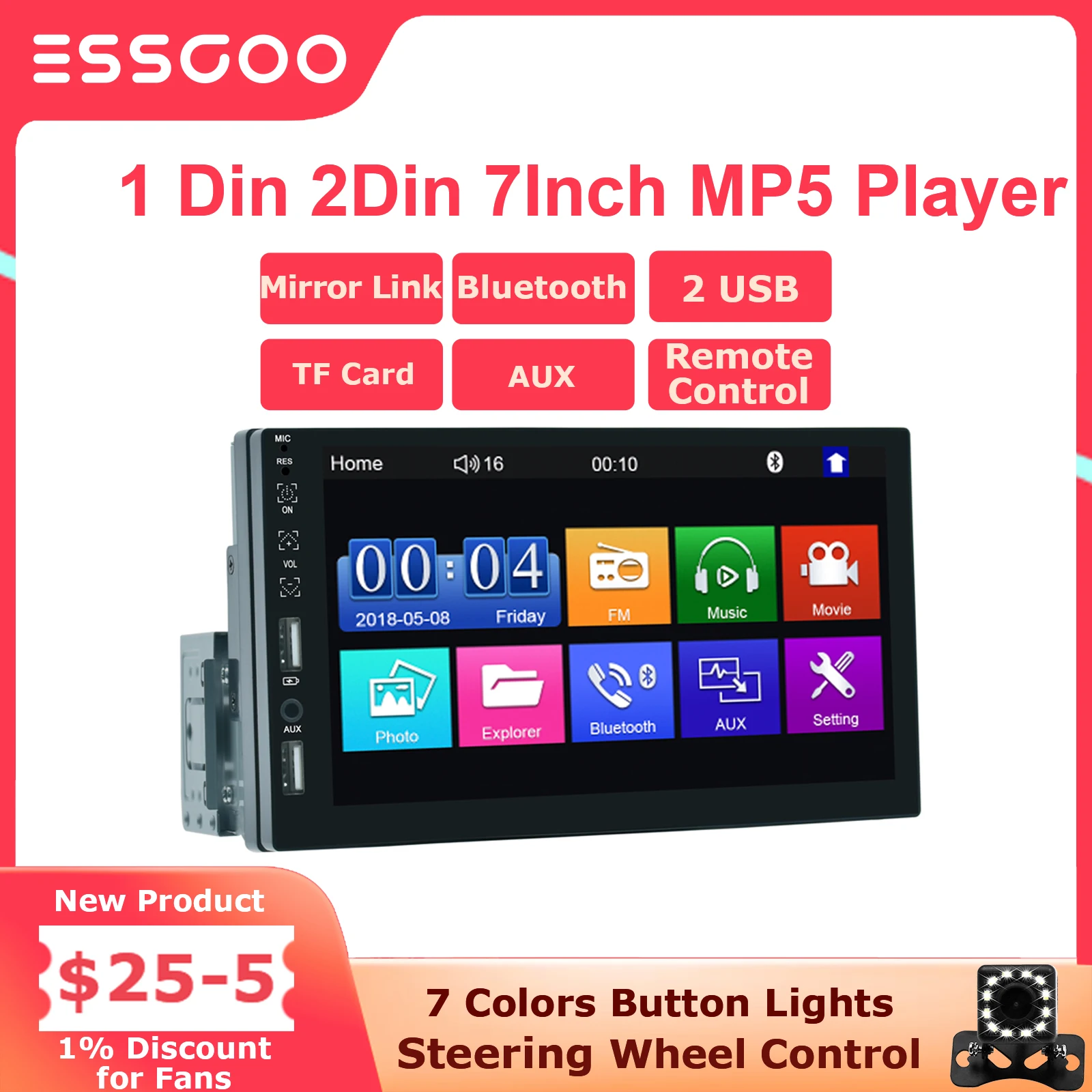 ESSGOO 2 Din MP5 Car Player Car Radio Stereo Bluetooth 1 Din Colorful Buttons Automotive Central Multimedia Stereo With Screen
ESSGOO 2 Din MP5 Car Player Car Radio Stereo Bluetooth 1 Din Colorful Buttons Automotive Central Multimedia Stereo With Screen