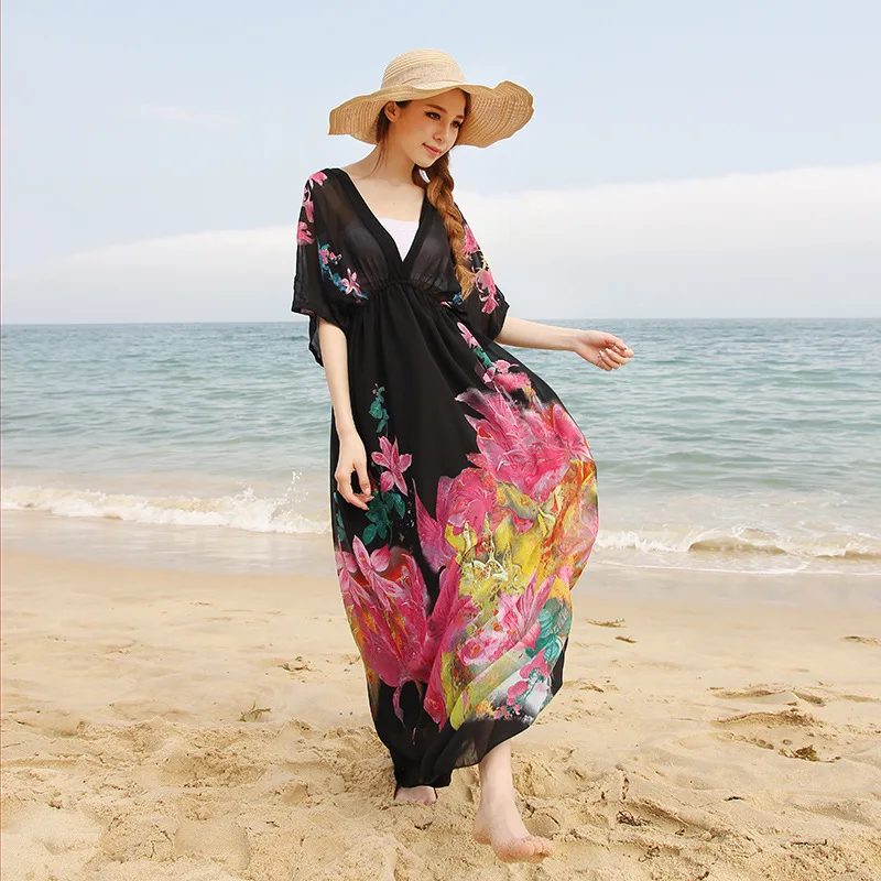 Fashion dress seaside holiday plus size beach skirt chiffon flower short sleeve V-neck dress
Fashion dress seaside holiday plus size beach skirt chiffon flower short sleeve V-neck dress