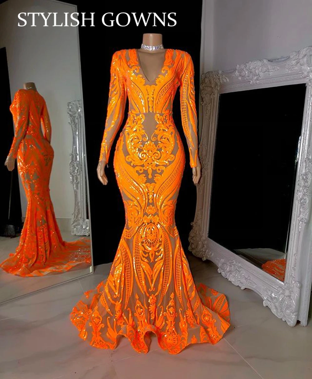 Orange Sparkly Sequined Prom Dresses 2022 V Neck Black Girls Evening Gown Mermaid Birthday Party Gowns African Robe De Bal
Orange Sparkly Sequined Prom Dresses 2022 V Neck Black Girls Evening Gown Mermaid Birthday Party Gowns African Robe De Bal