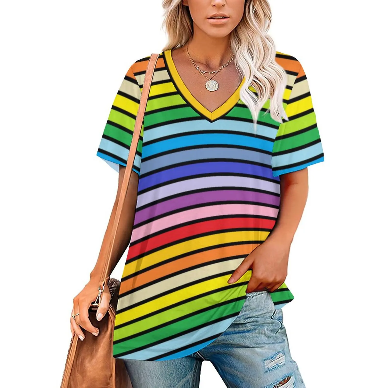 Футболка женская оверсайз в радужную полоску, Элегантная стильная рубашка с принтом в виде черных линий, с коротким рукавом, с V-образным вырезом, пляжный топ в уличном стиле
Футболка женская оверсайз в радужную полоску, Элегантная стильная рубашка с принтом в виде черных линий, с коротким рукавом, с V-образным вырезом, пляжный топ в уличном стиле